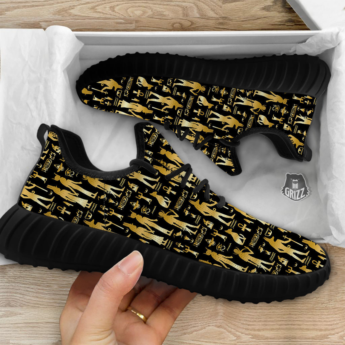 Gold And Black Egypt Ancient Mythology Print Pattern Black Walking Shoes-grizzshop