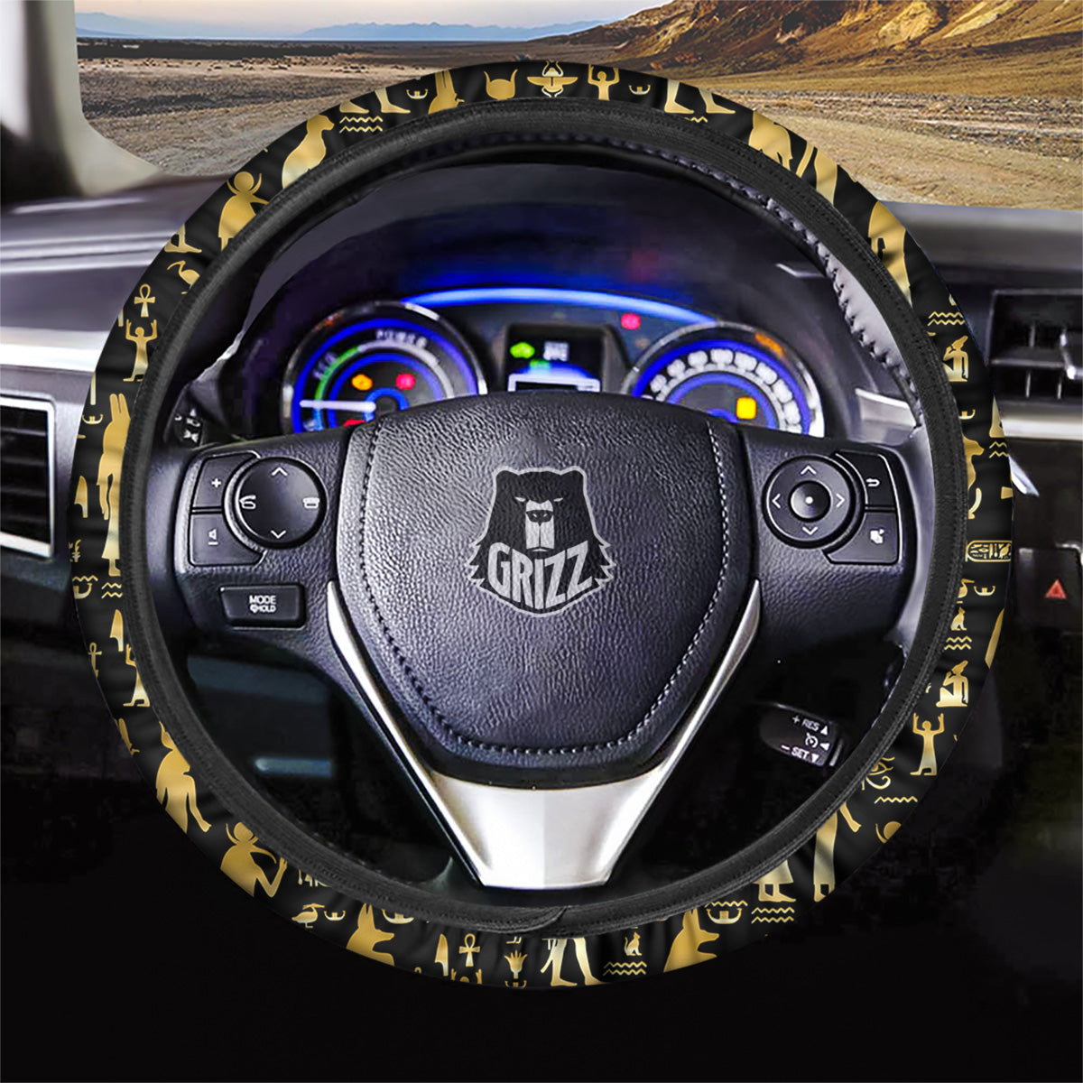 Gold And Black Egypt Ancient Mythology Print Pattern Car Steering Wheel Cover-grizzshop
