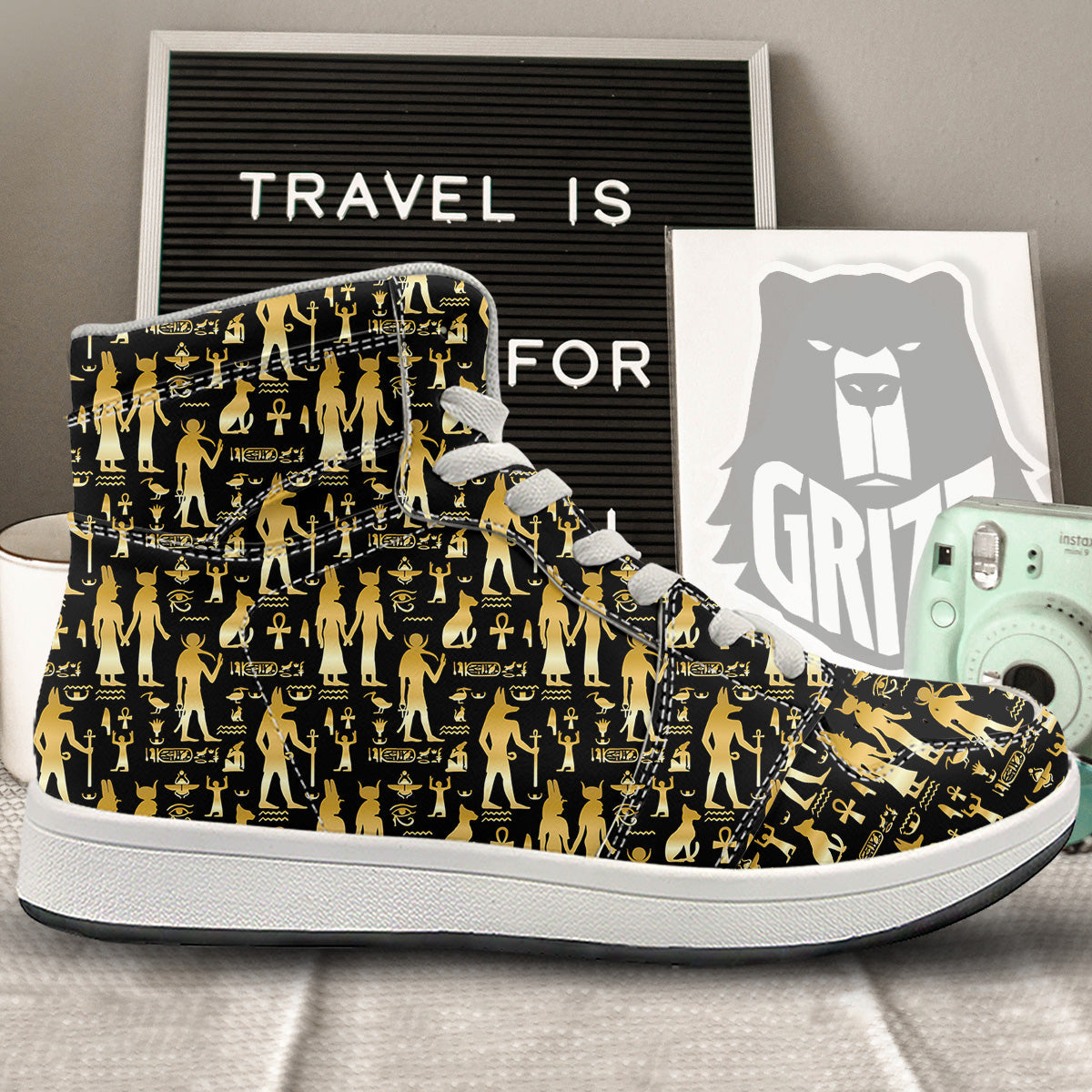 Gold And Black Egypt Ancient Mythology Print Pattern High Top Sneakers-grizzshop