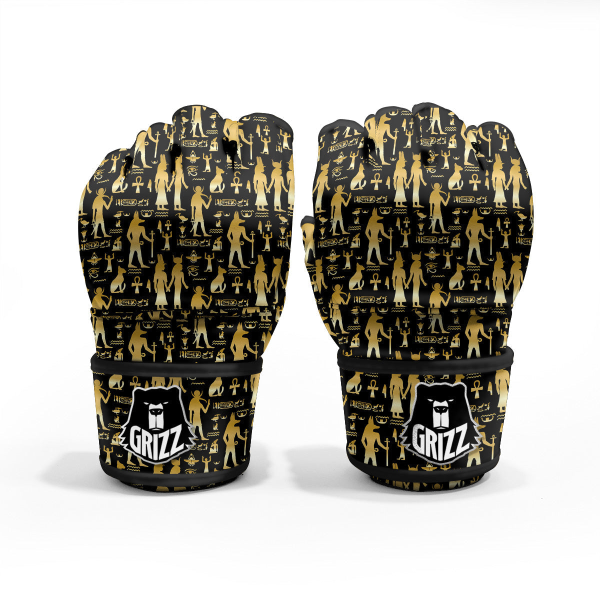 Gold And Black Egypt Ancient Mythology Print Pattern MMA Gloves-grizzshop