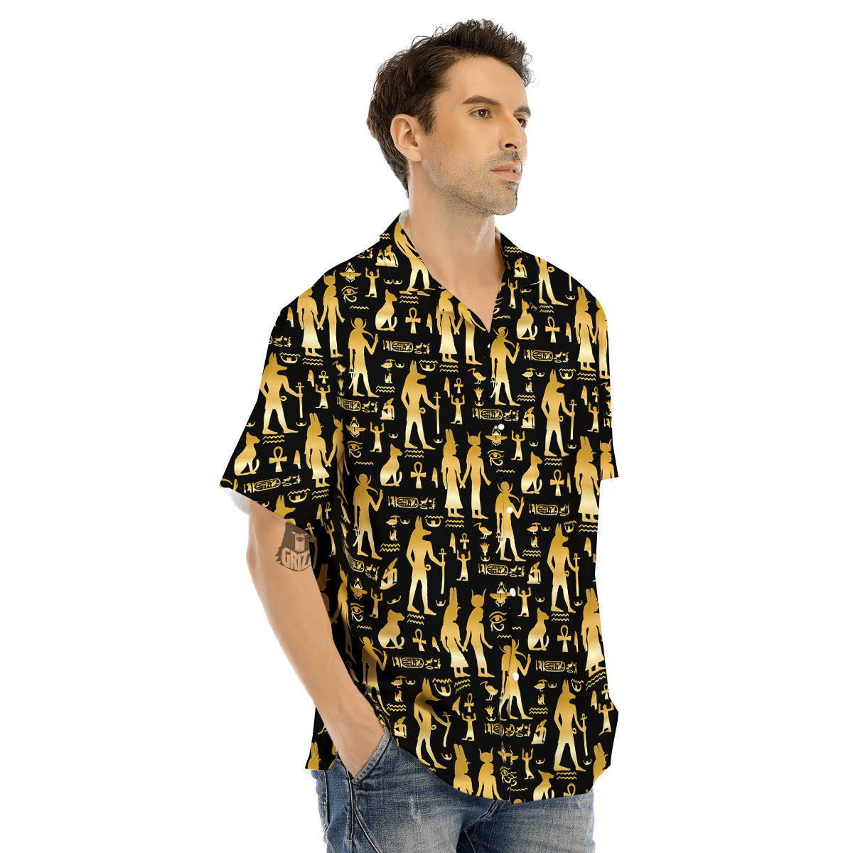Gold And Black Egypt Ancient Mythology Print Pattern Men's Hawaiian Shirt-grizzshop