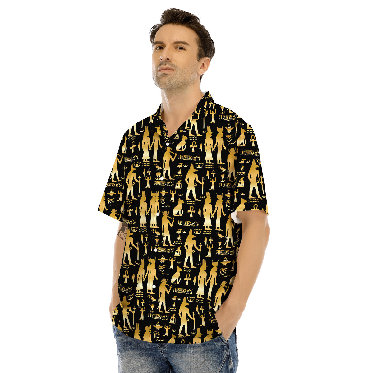 Gold And Black Egypt Ancient Mythology Print Pattern Men's Hawaiian Shirt-grizzshop