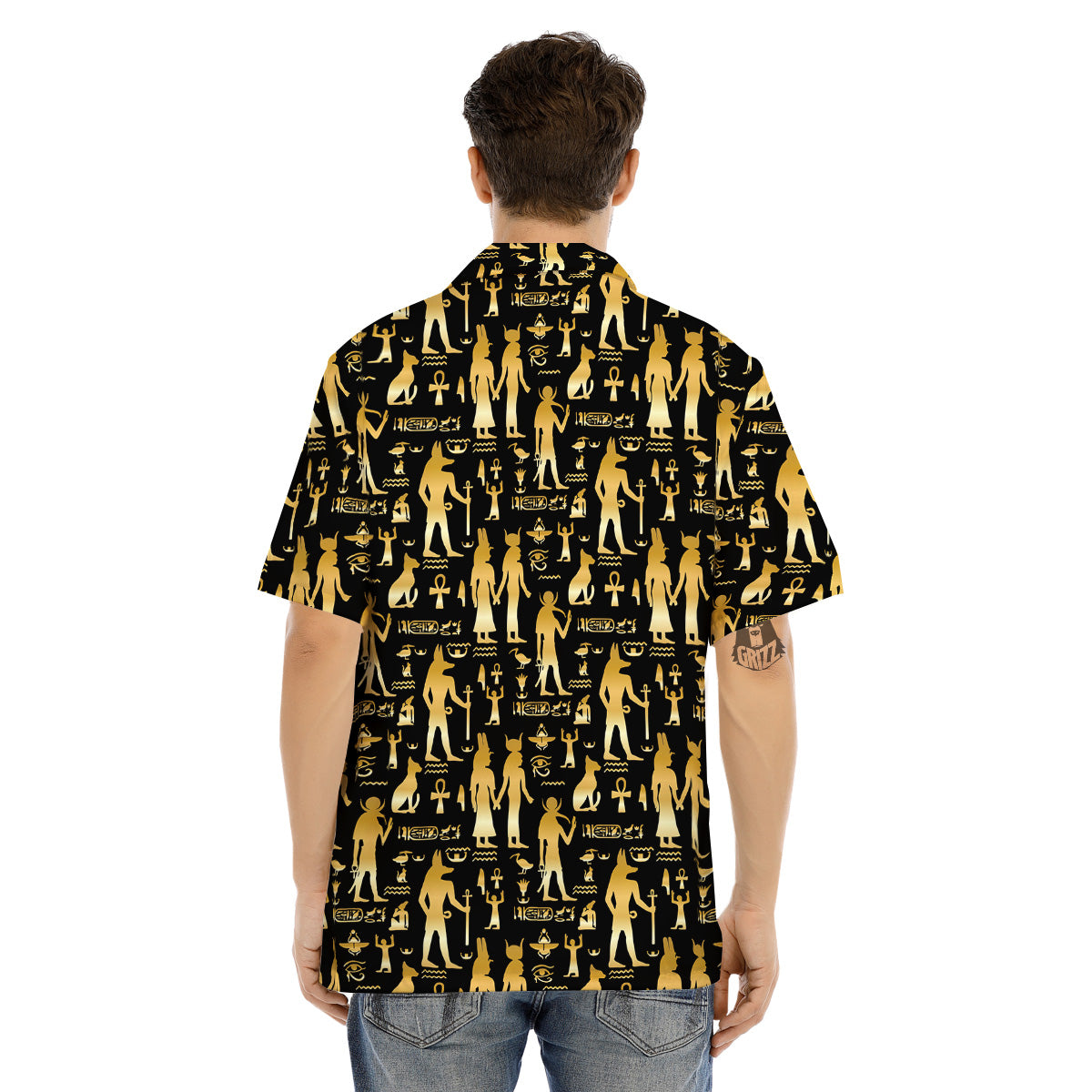 Gold And Black Egypt Ancient Mythology Print Pattern Men's Hawaiian Shirt-grizzshop