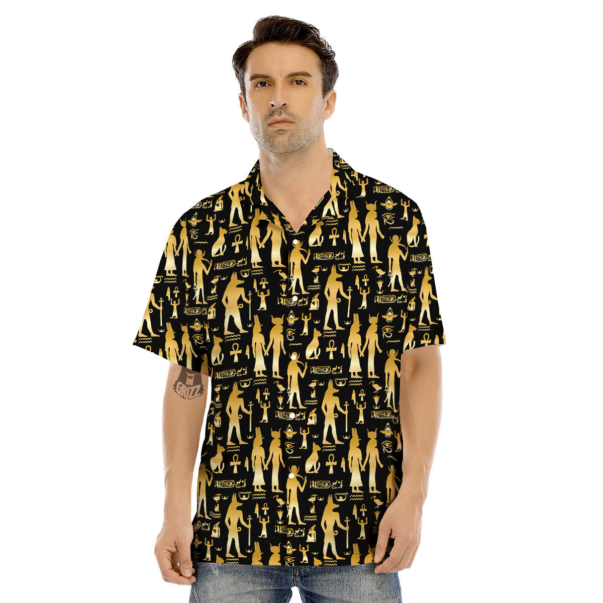 Gold And Black Egypt Ancient Mythology Print Pattern Men's Hawaiian Shirt-grizzshop