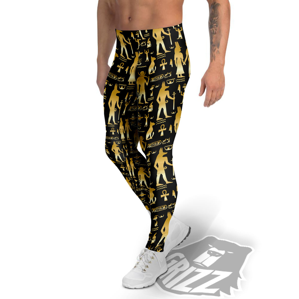 Gold And Black Egypt Ancient Mythology Print Pattern Men's Leggings-grizzshop