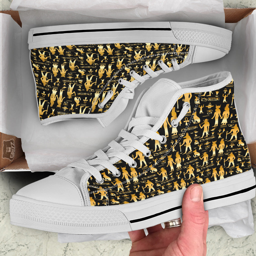 Gold And Black Egypt Ancient Mythology Print Pattern White High Top Shoes-grizzshop