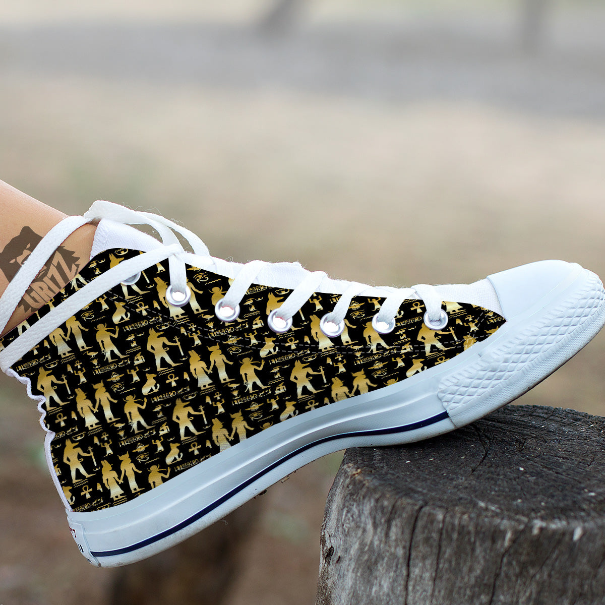 Gold And Black Egypt Ancient Mythology Print Pattern White High Top Shoes-grizzshop