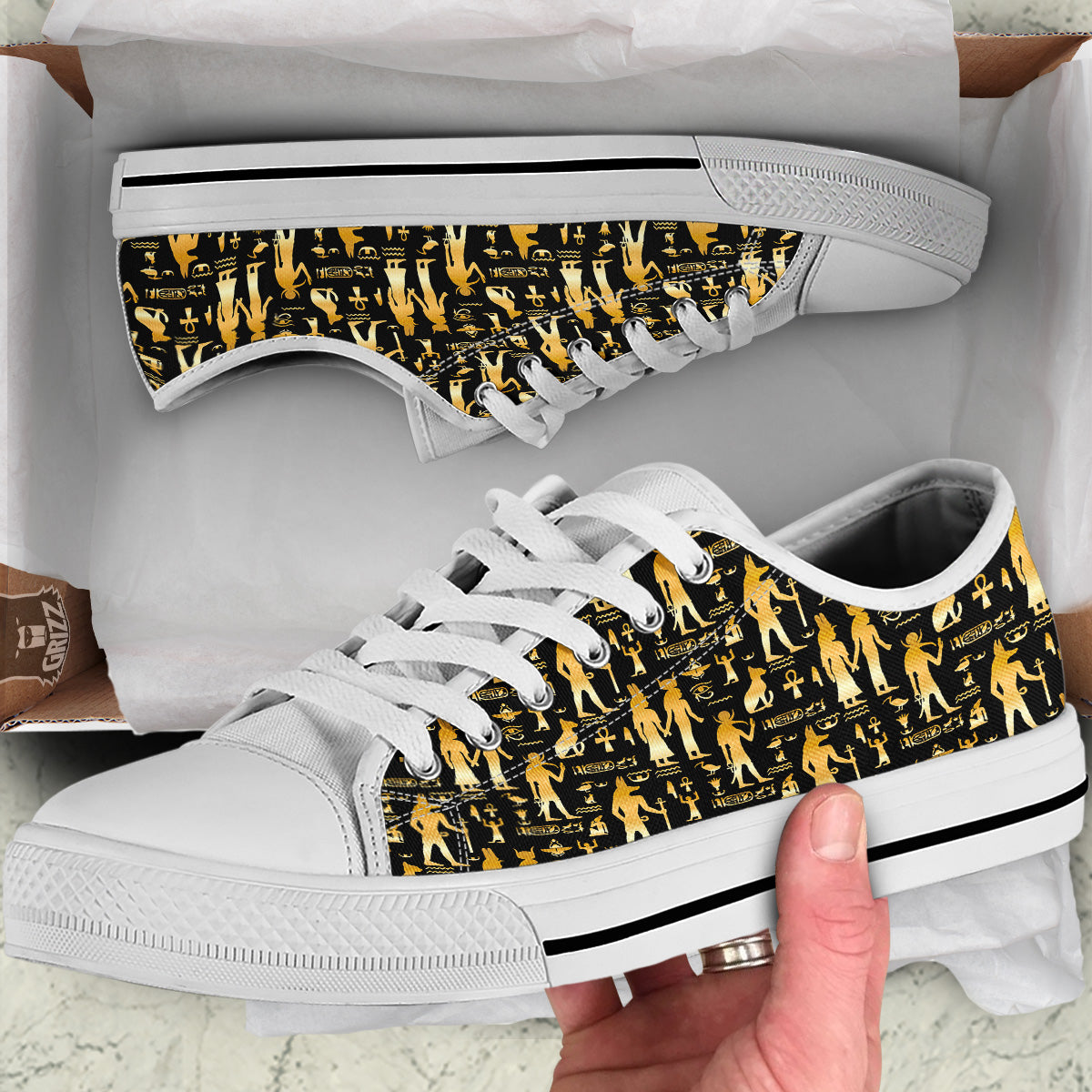 Gold And Black Egypt Ancient Mythology Print Pattern White Low Top Shoes-grizzshop