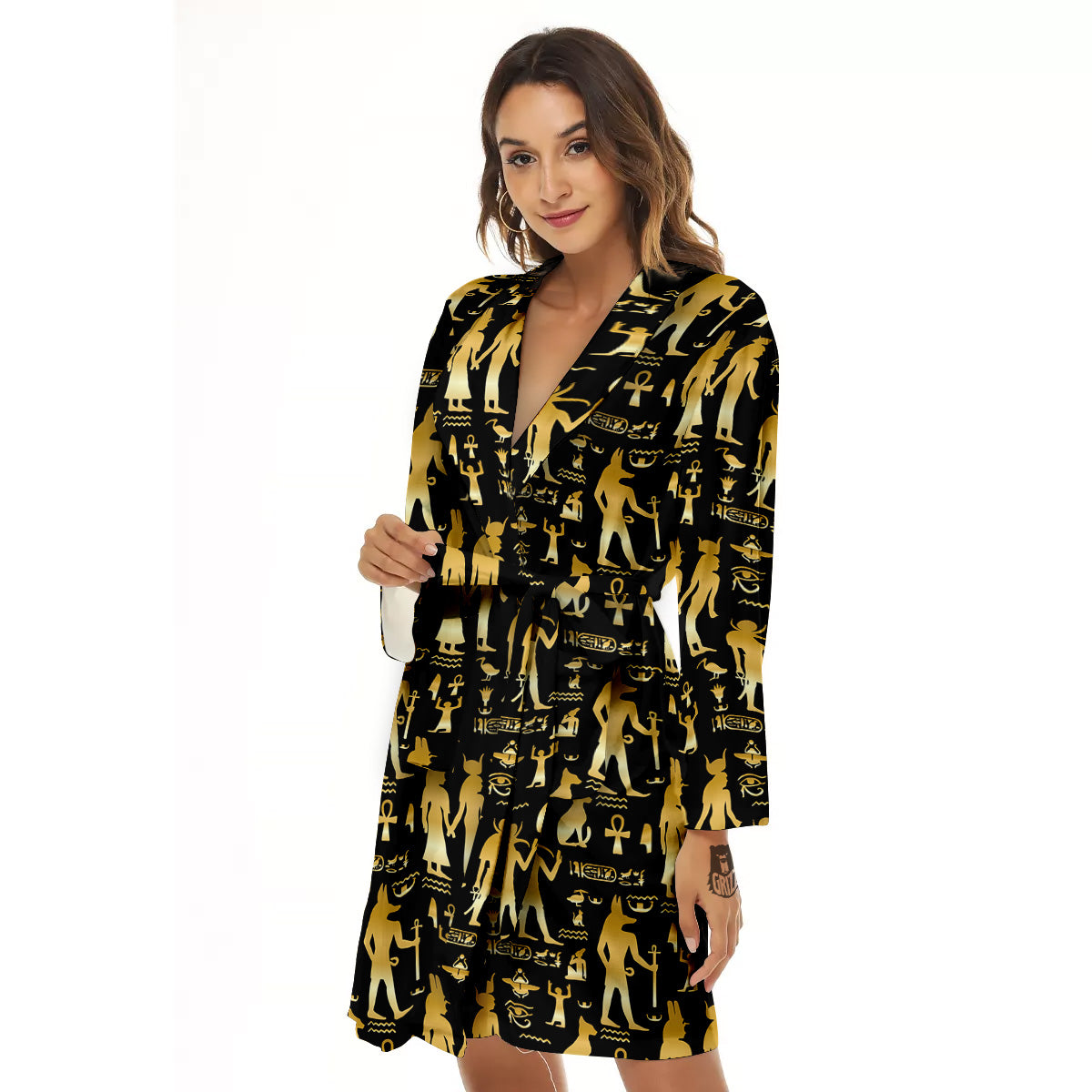 Gold And Black Egypt Ancient Mythology Print Pattern Women's Robe-grizzshop