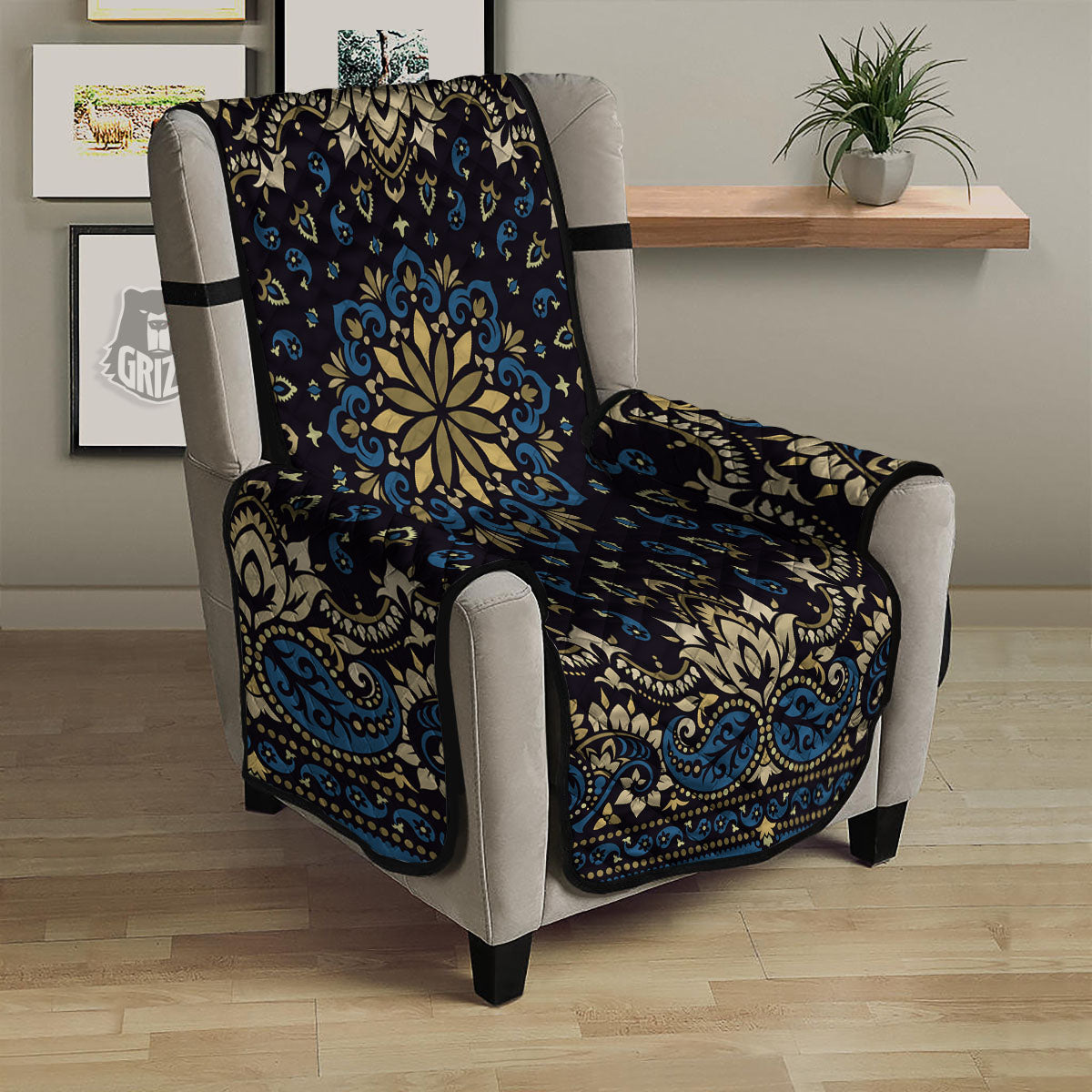 Gold Blue Paisley Bandana Print Armchair Protector-grizzshop