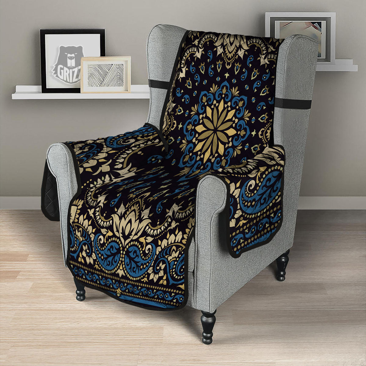 Gold Blue Paisley Bandana Print Armchair Protector-grizzshop