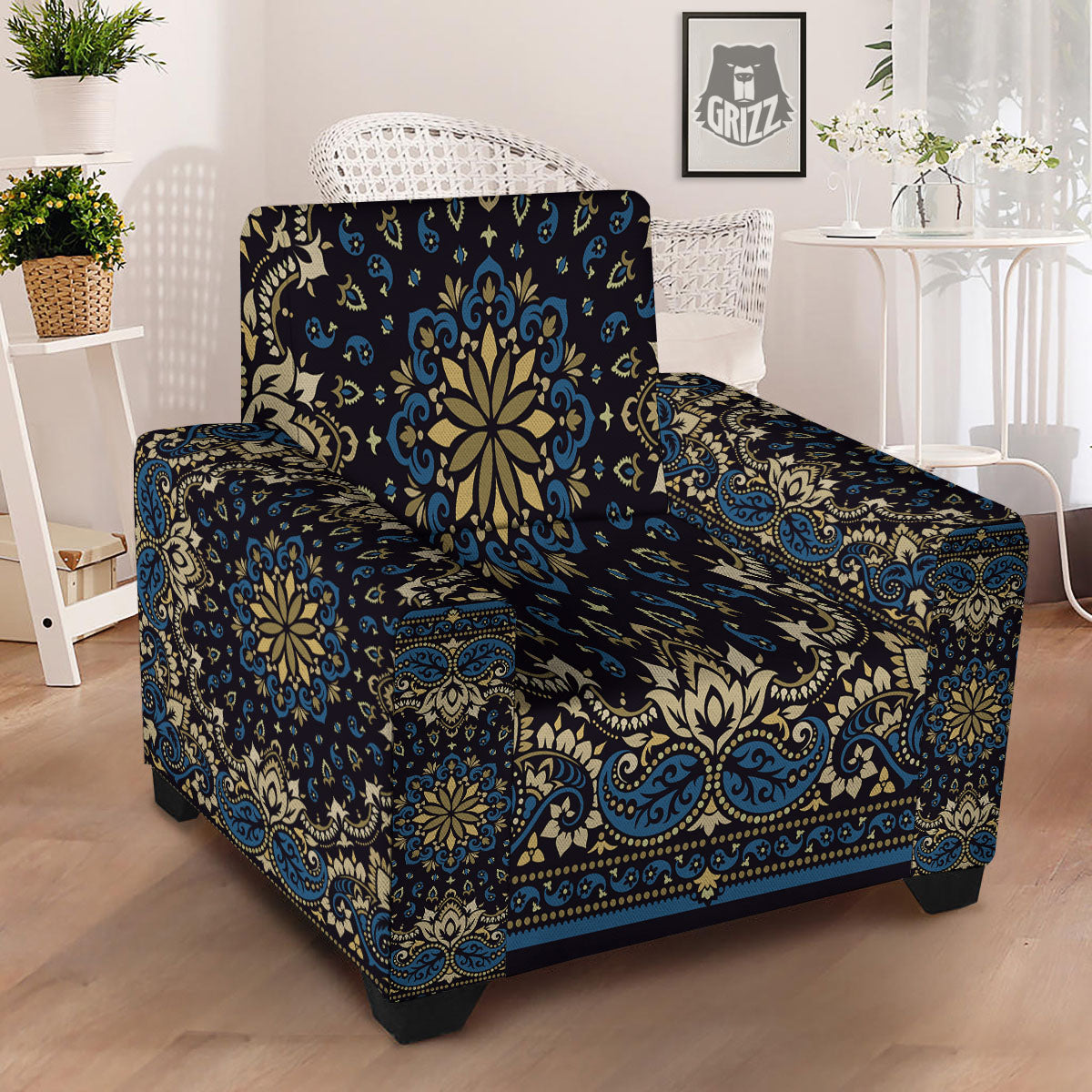 Gold Blue Paisley Bandana Print Armchair Slipcover-grizzshop