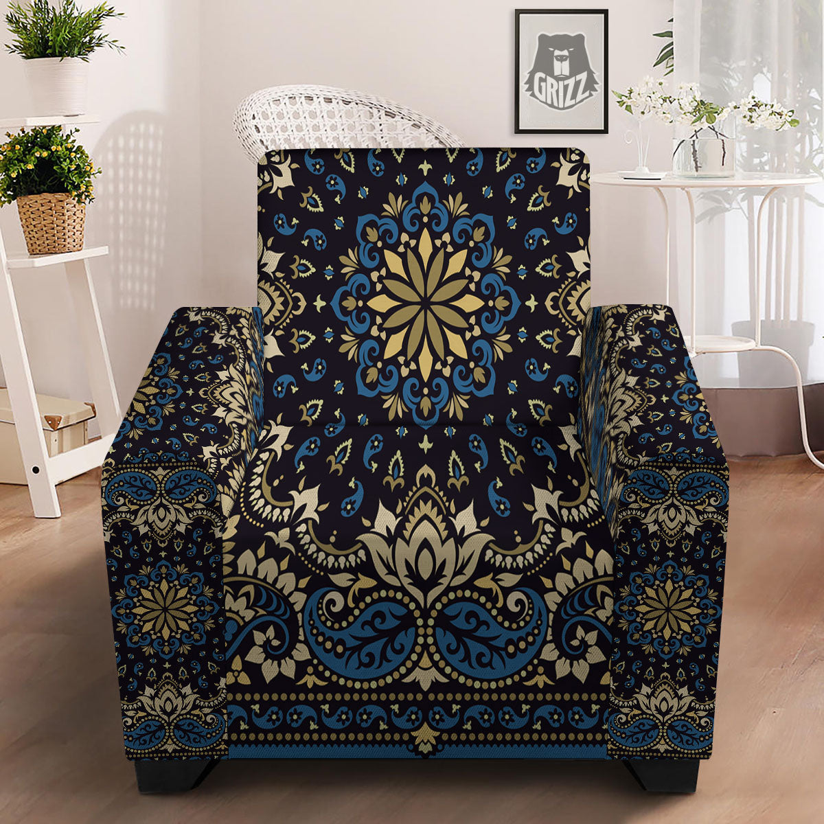 Gold Blue Paisley Bandana Print Armchair Slipcover-grizzshop