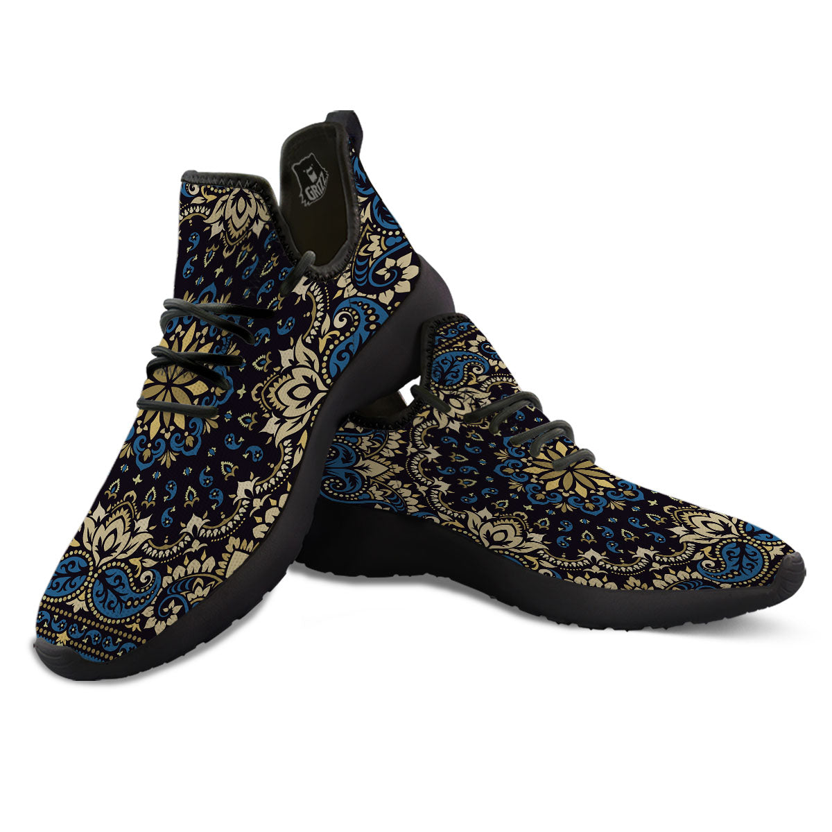 Gold Blue Paisley Bandana Print Black Athletic Shoes-grizzshop