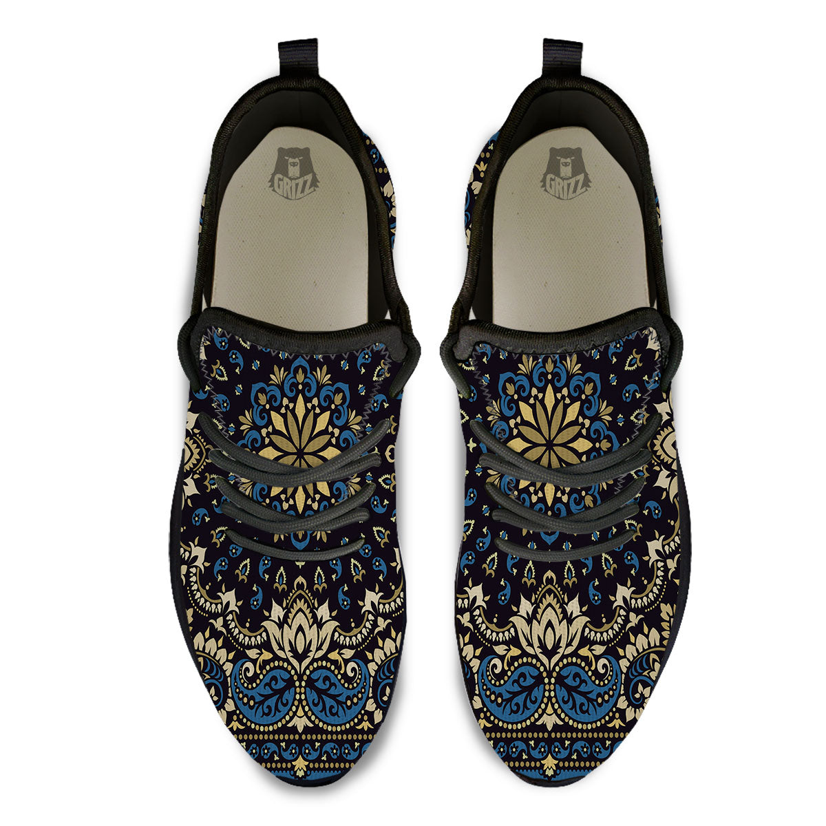 Gold Blue Paisley Bandana Print Black Athletic Shoes-grizzshop