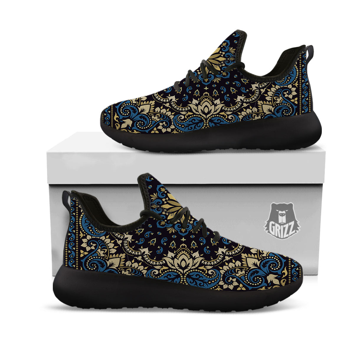 Gold Blue Paisley Bandana Print Black Athletic Shoes-grizzshop