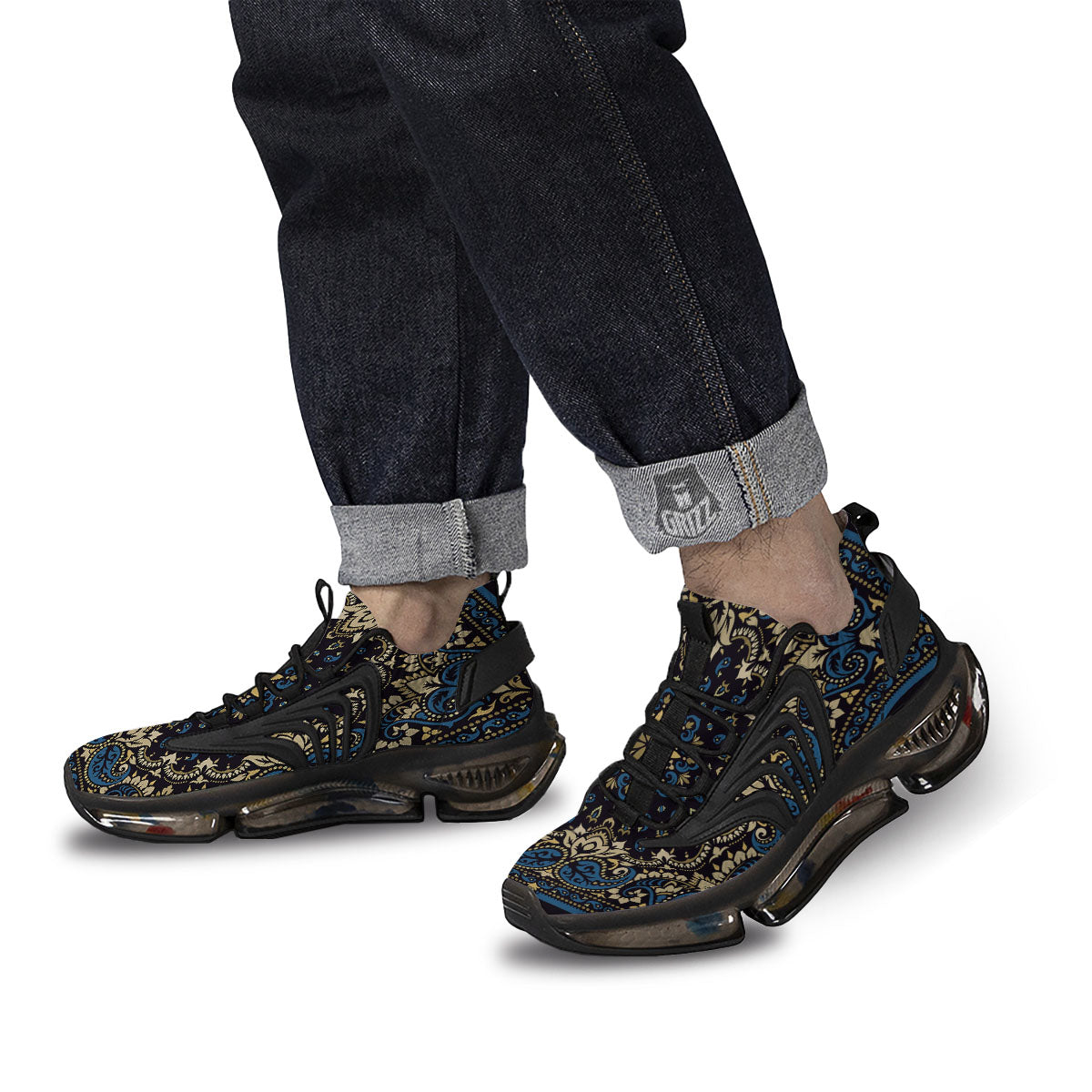 Gold Blue Paisley Bandana Print Black Gym Shoes-grizzshop