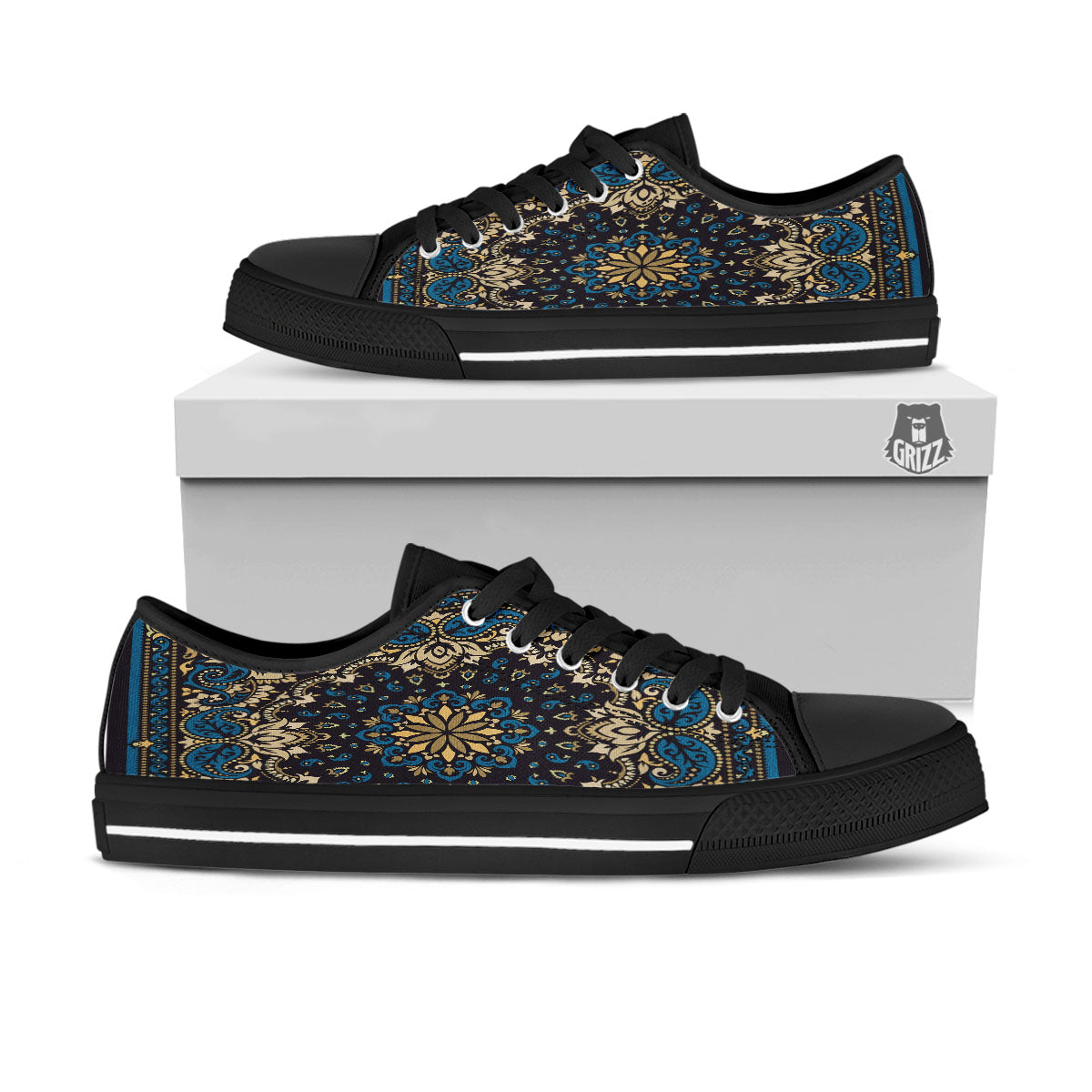 Gold Blue Paisley Bandana Print Black Low Top Shoes-grizzshop