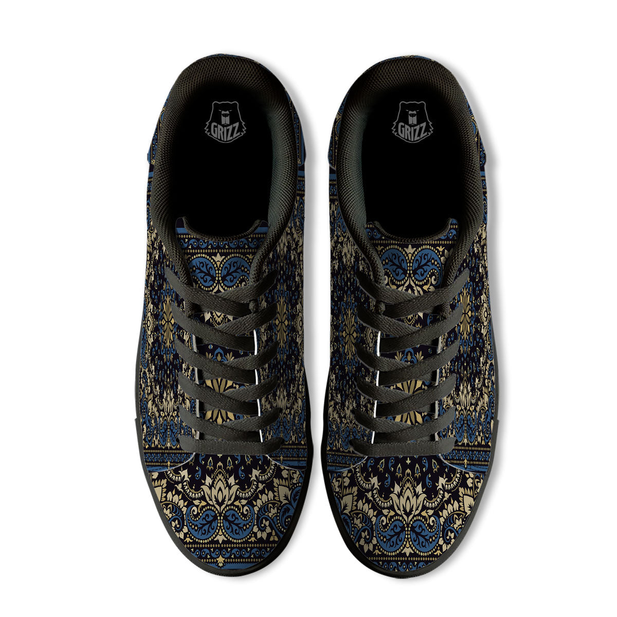 Gold Blue Paisley Bandana Print Black Low Top Sneakers-grizzshop