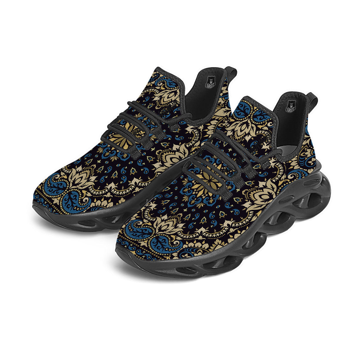 Gold Blue Paisley Bandana Print Black Running Shoes-grizzshop