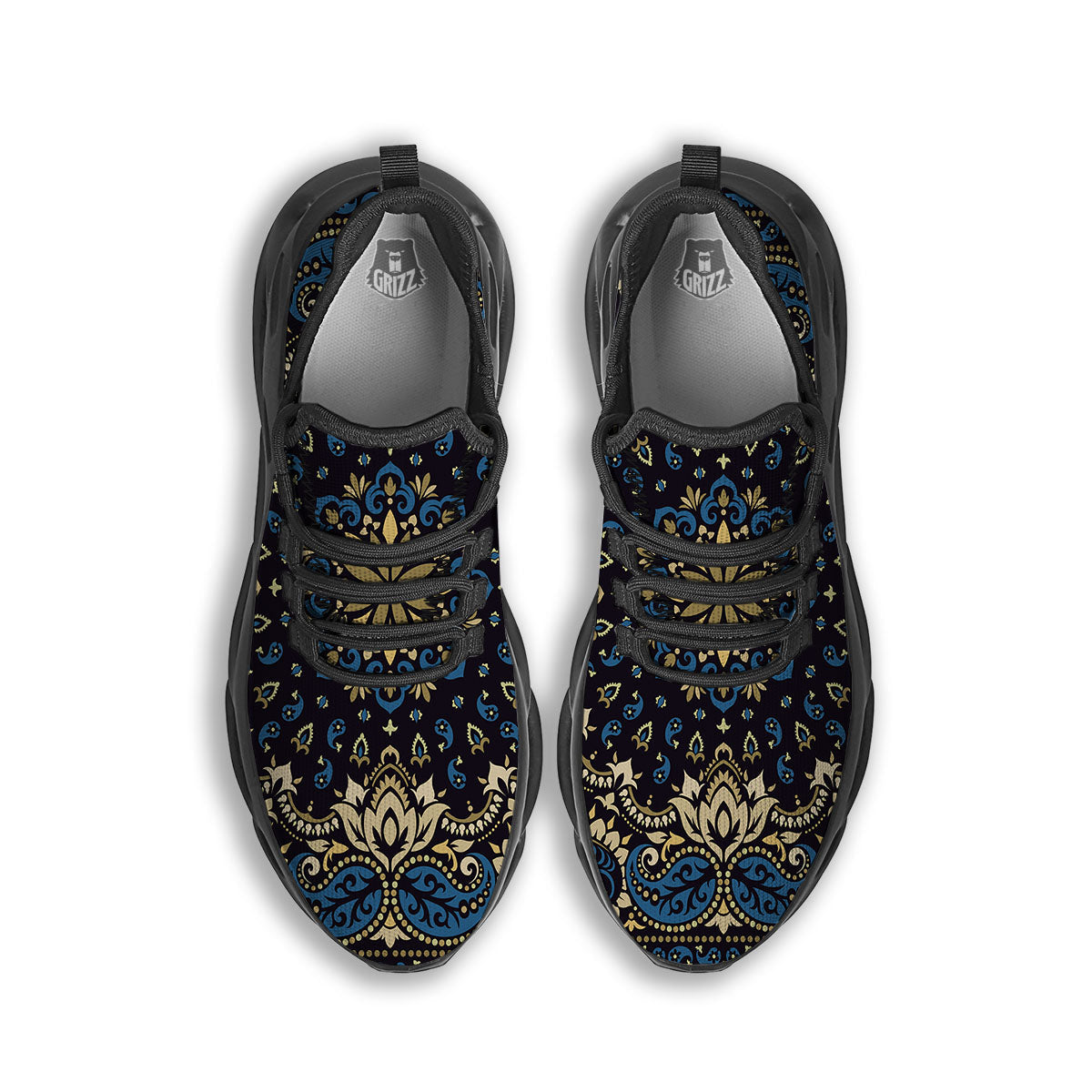 Gold Blue Paisley Bandana Print Black Running Shoes-grizzshop