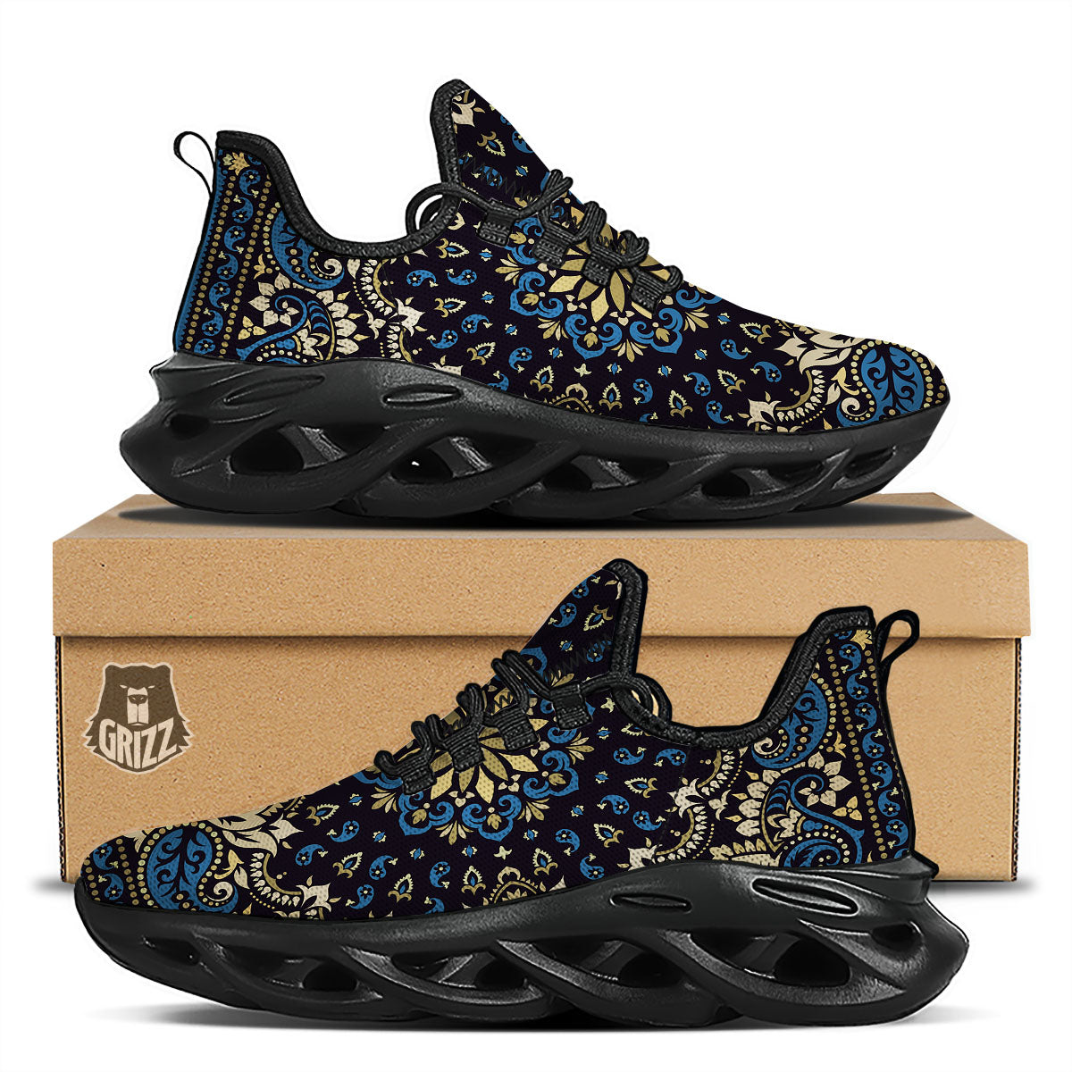 Gold Blue Paisley Bandana Print Black Running Shoes-grizzshop