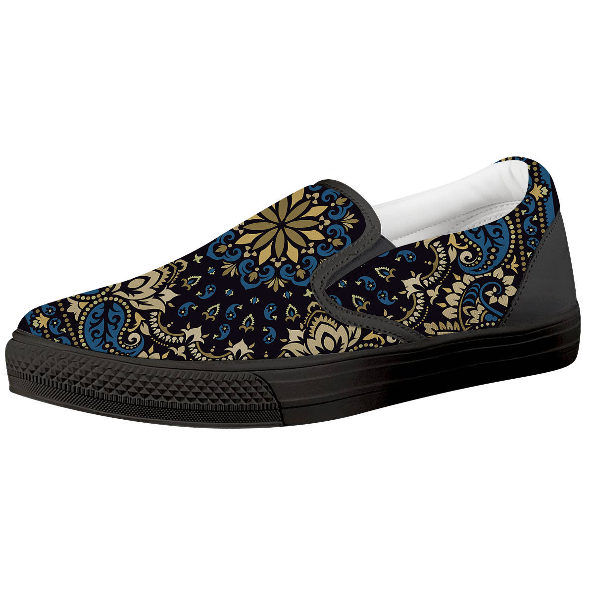 Gold Blue Paisley Bandana Print Black Slip On Shoes-grizzshop