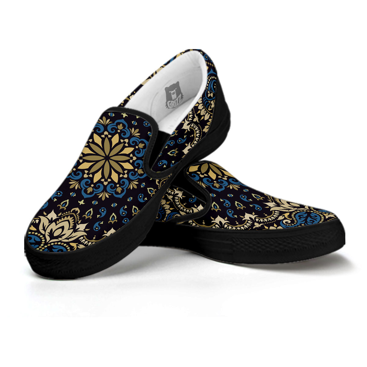 Gold Blue Paisley Bandana Print Black Slip On Shoes-grizzshop