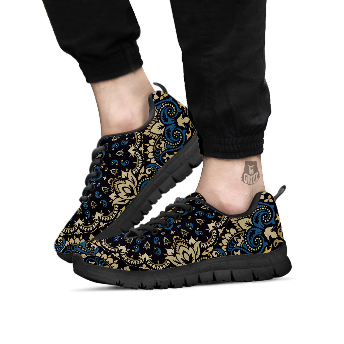 Gold Blue Paisley Bandana Print Black Sneaker-grizzshop