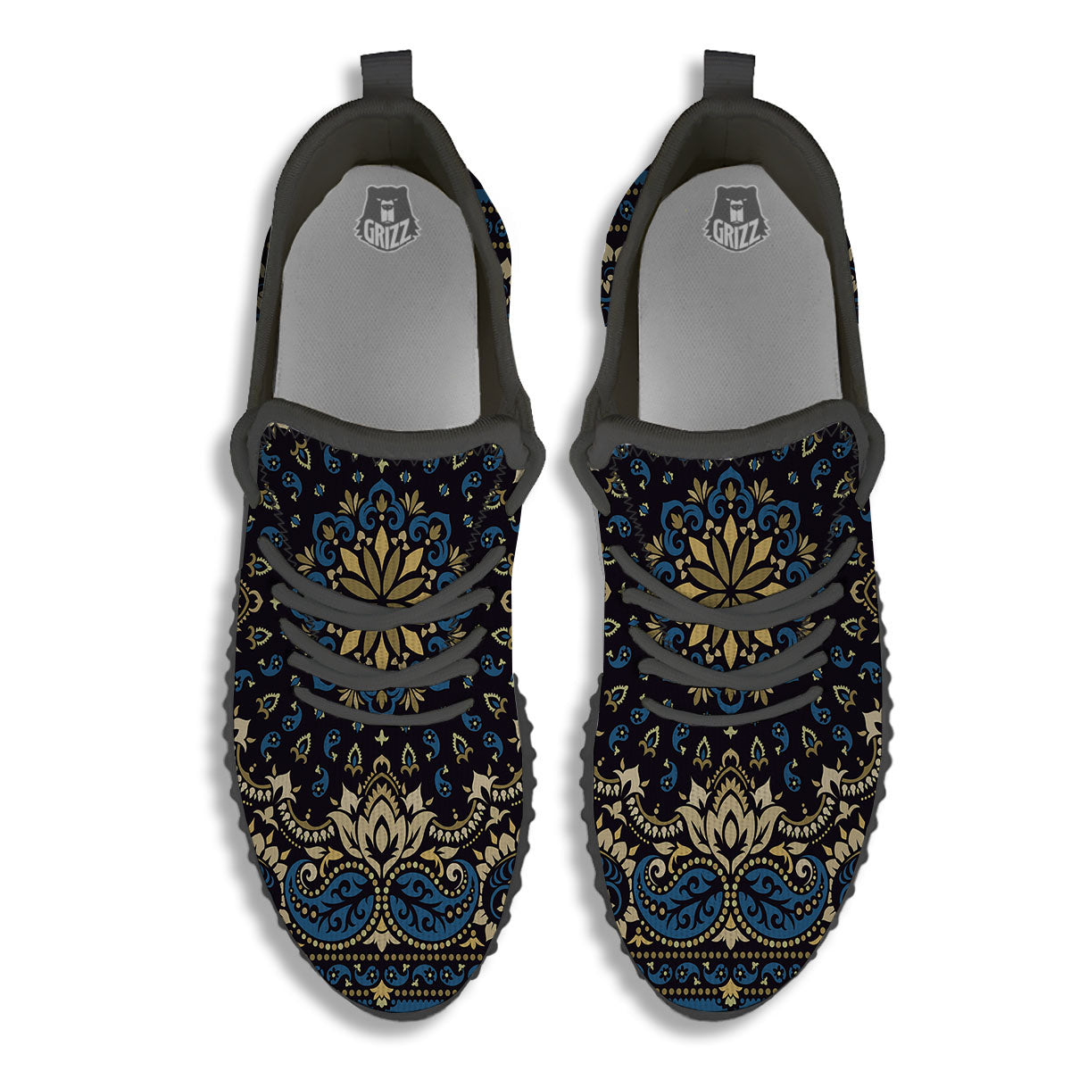 Gold Blue Paisley Bandana Print Black Walking Shoes-grizzshop