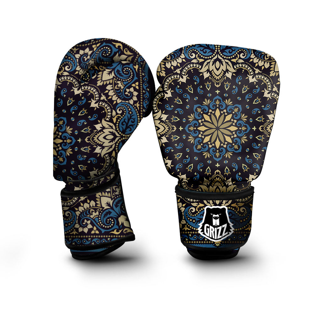 Gold Blue Paisley Bandana Print Boxing Gloves-grizzshop