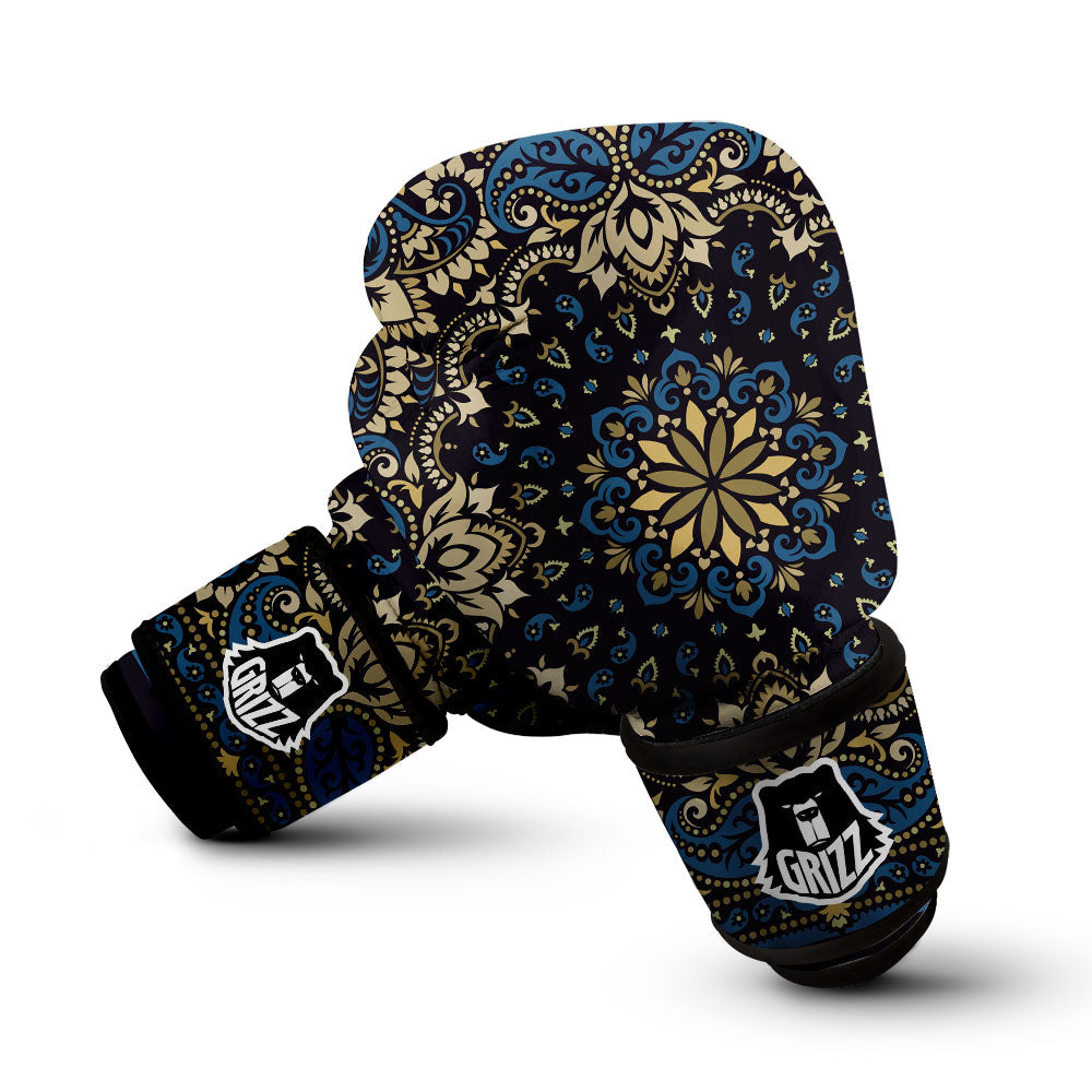 Gold Blue Paisley Bandana Print Boxing Gloves-grizzshop