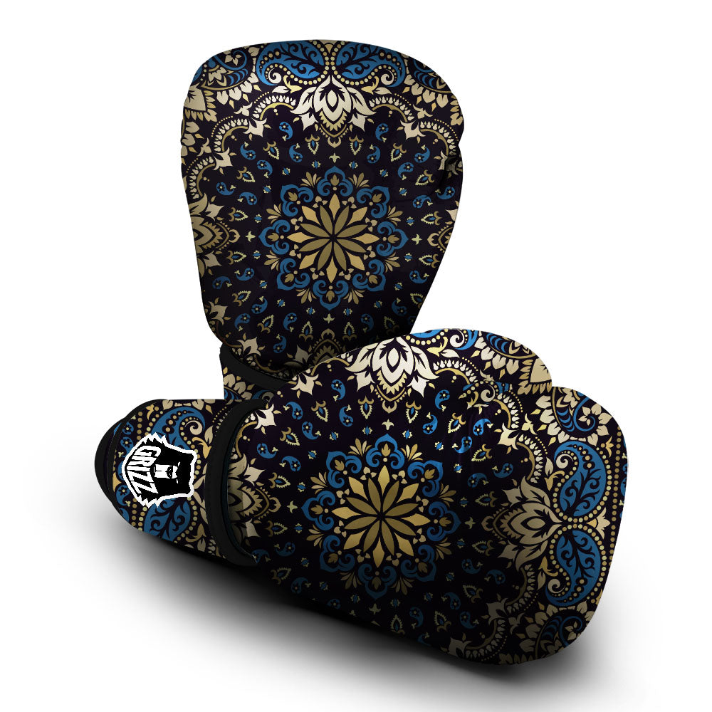 Gold Blue Paisley Bandana Print Boxing Gloves-grizzshop