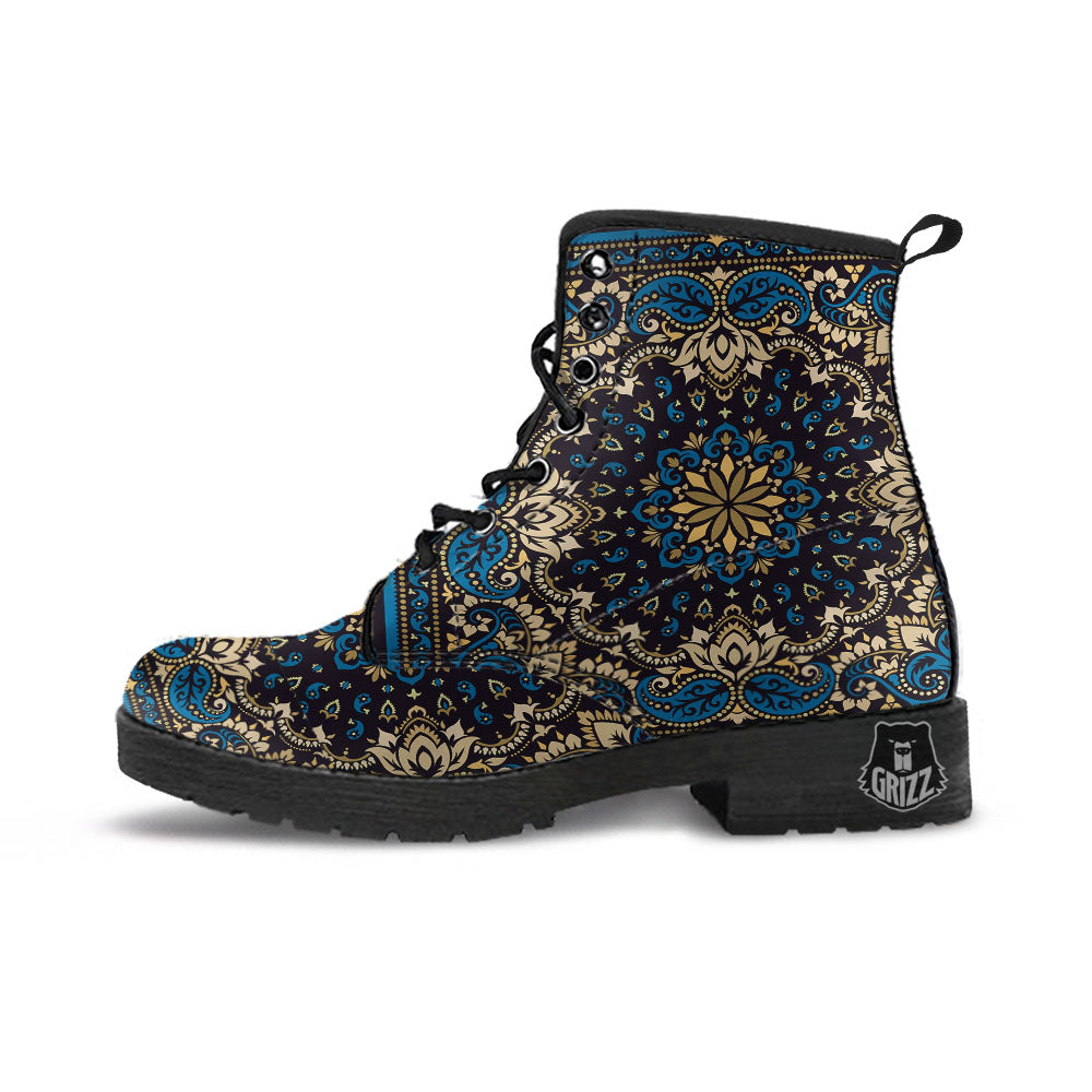 Gold Blue Paisley Bandana Print Leather Boots-grizzshop