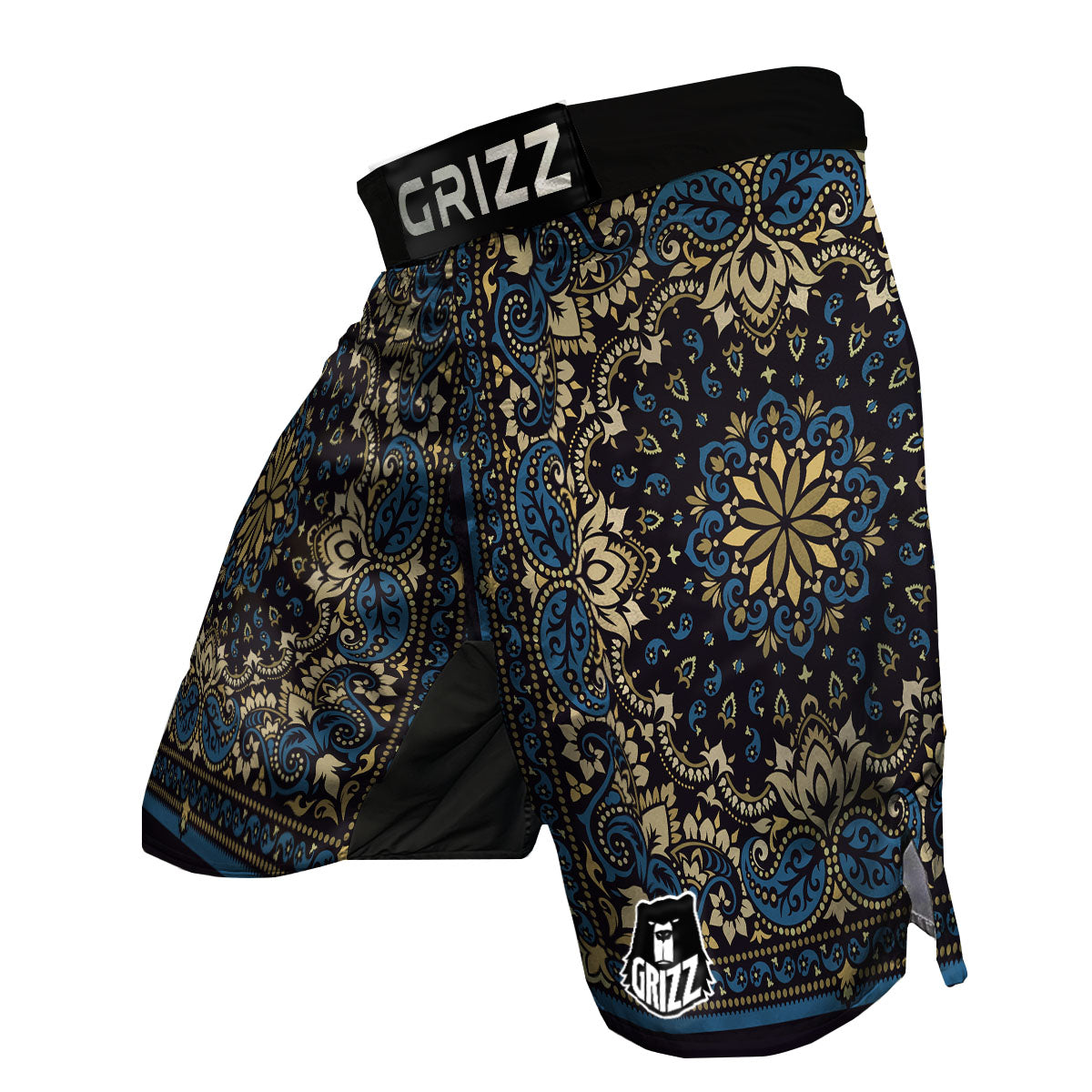 Gold Blue Paisley Bandana Print MMA Shorts-grizzshop