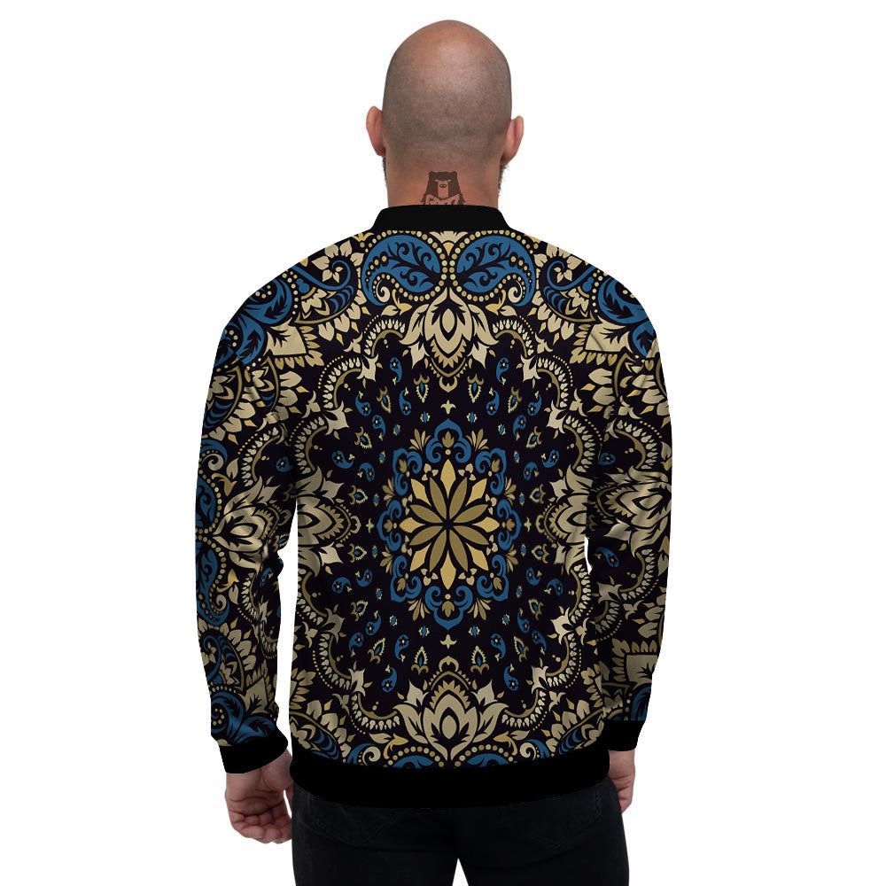 Gold Blue Paisley Bandana Print Men's Bomber Jacket-grizzshop