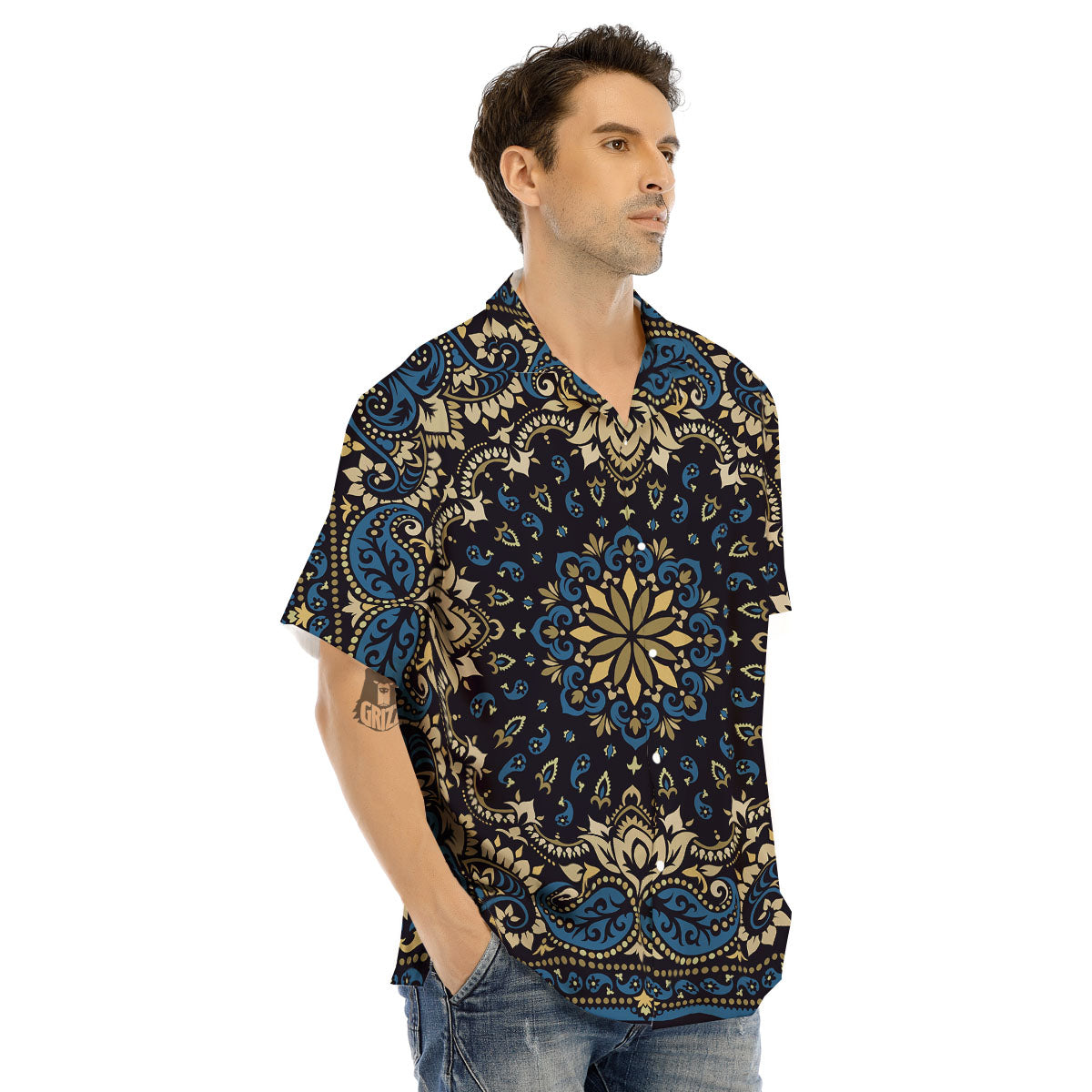Gold Blue Paisley Bandana Print Men's Hawaiian Shirt-grizzshop