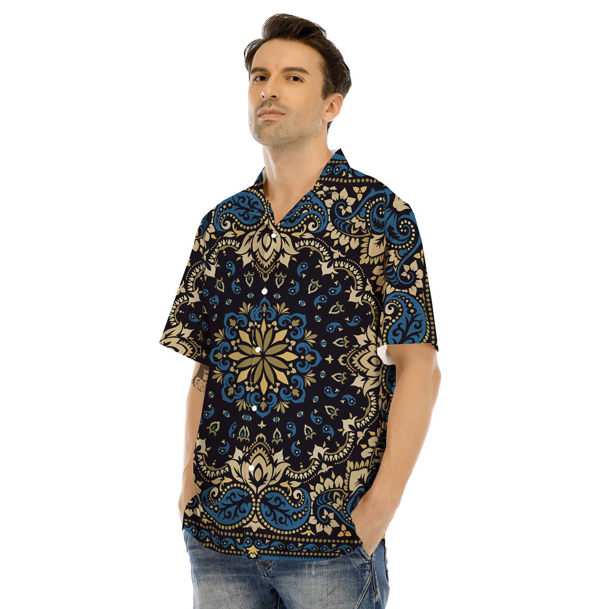Gold Blue Paisley Bandana Print Men's Hawaiian Shirt-grizzshop