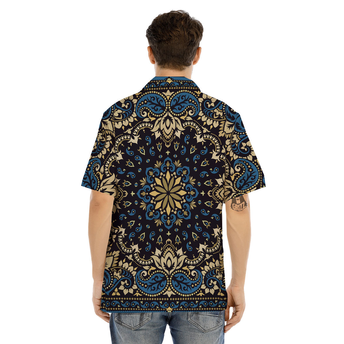 Gold Blue Paisley Bandana Print Men's Hawaiian Shirt-grizzshop