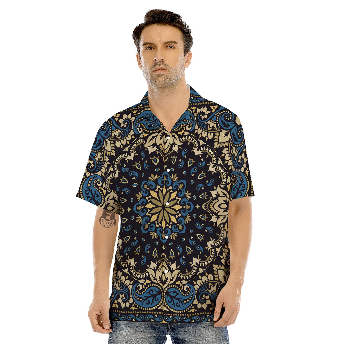 Gold Blue Paisley Bandana Print Men's Hawaiian Shirt-grizzshop