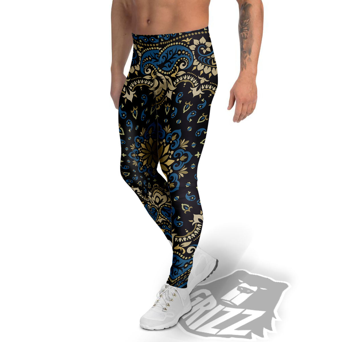 Gold Blue Paisley Bandana Print Men's Leggings-grizzshop