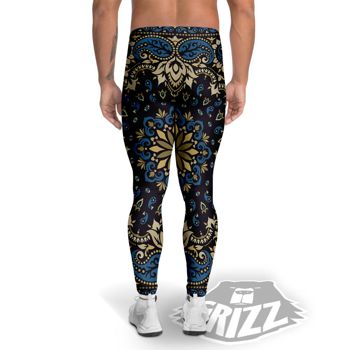 Gold Blue Paisley Bandana Print Men's Leggings-grizzshop