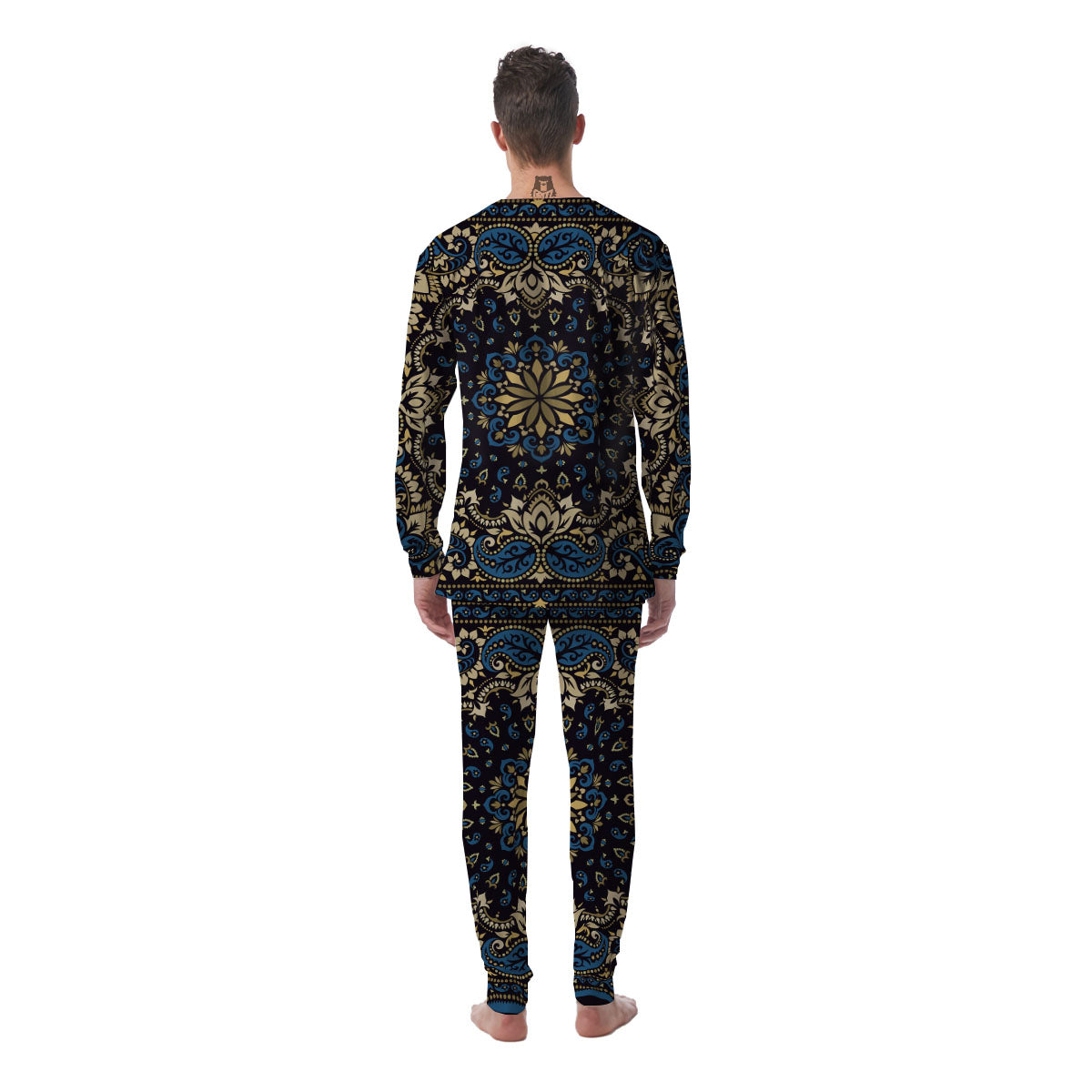 Gold Blue Paisley Bandana Print Men's Pajamas-grizzshop