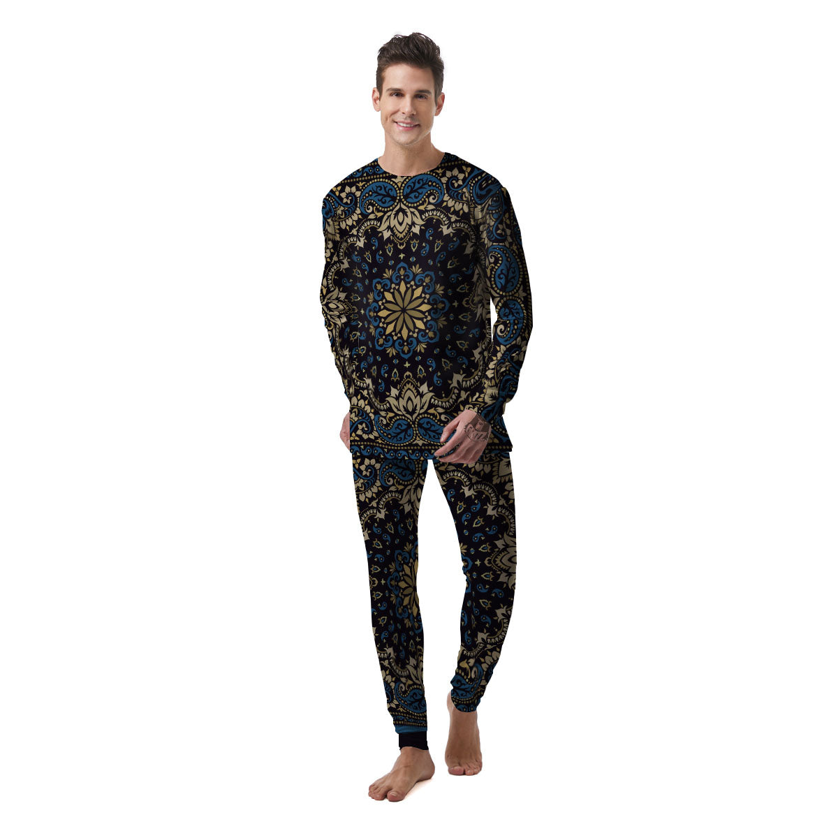 Gold Blue Paisley Bandana Print Men's Pajamas-grizzshop