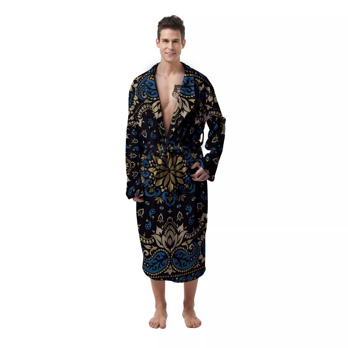 Gold Blue Paisley Bandana Print Men's Robe-grizzshop