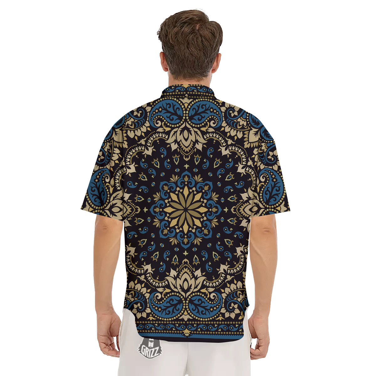 Gold Blue Paisley Bandana Print Men's Short Sleeve Shirts-grizzshop