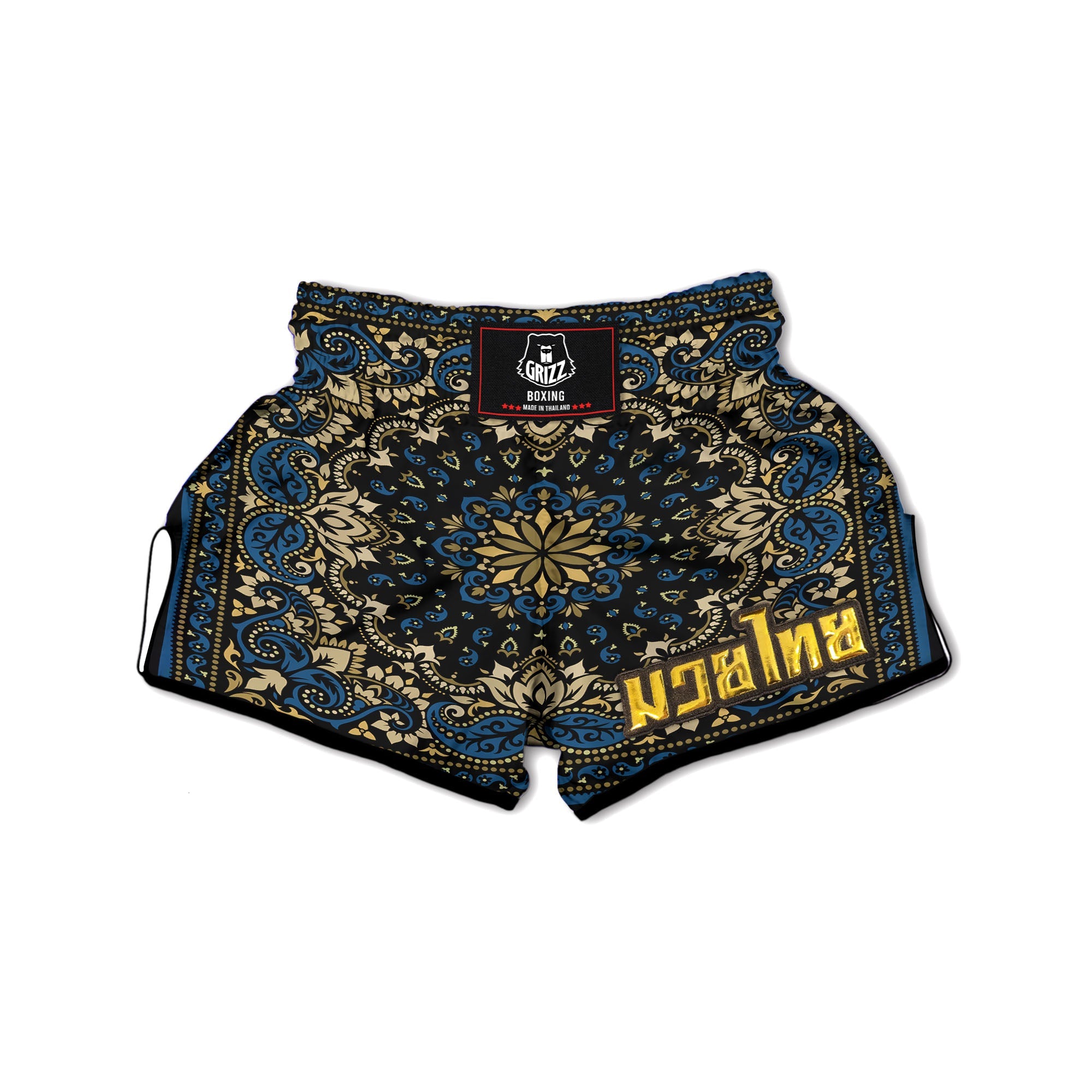 Gold Blue Paisley Bandana Print Muay Thai Boxing Shorts-grizzshop