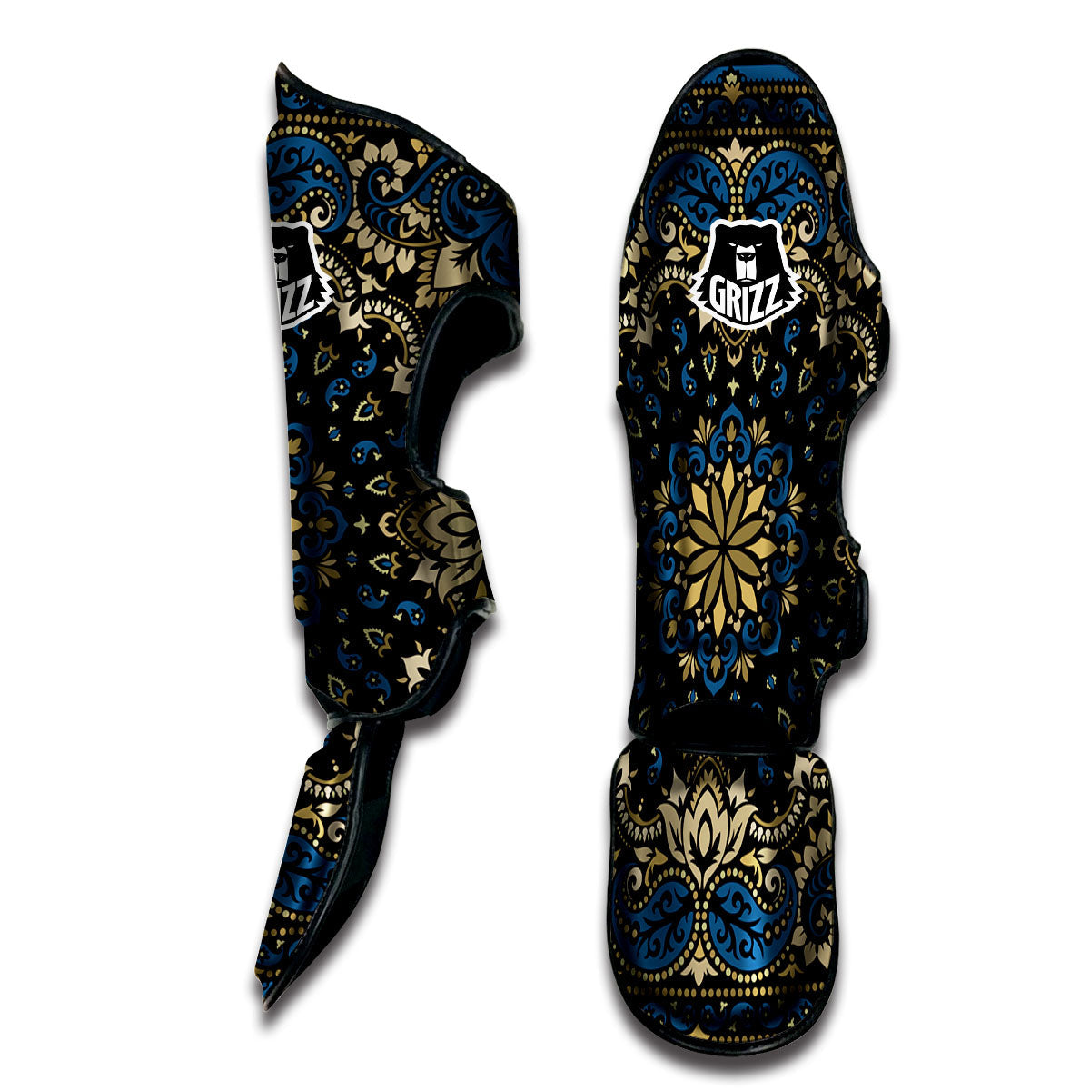 Gold Blue Paisley Bandana Print Muay Thai Shin Guards-grizzshop