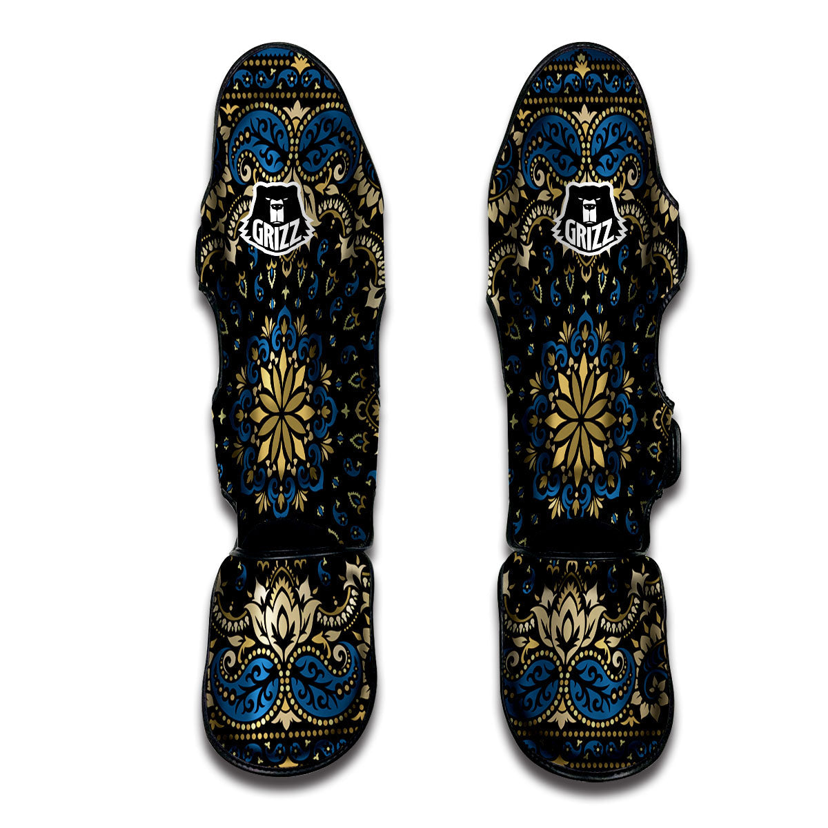 Gold Blue Paisley Bandana Print Muay Thai Shin Guards-grizzshop