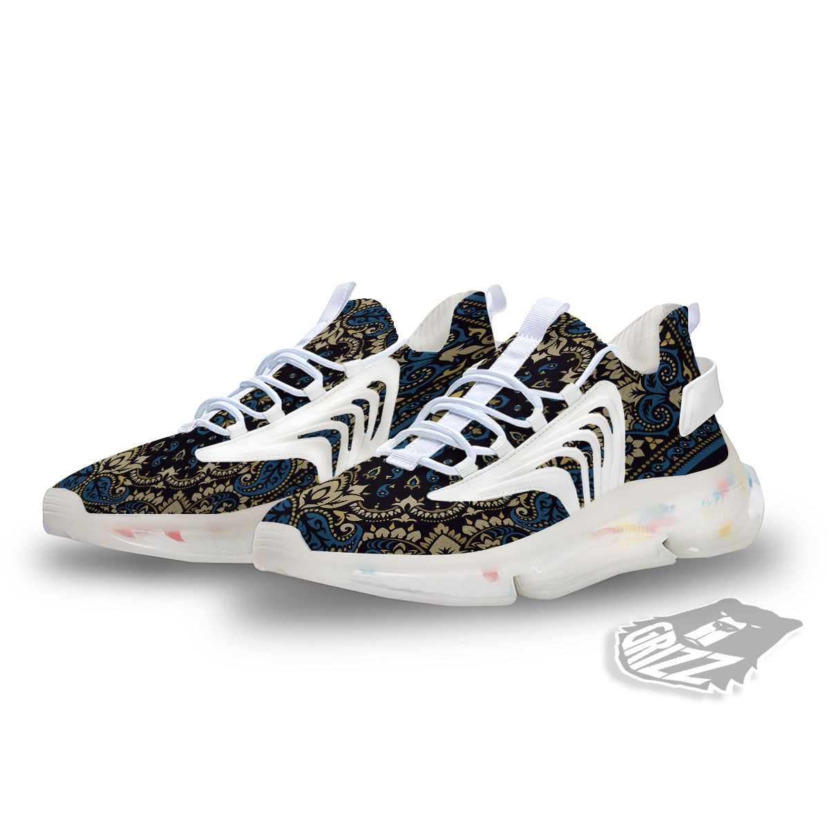 Gold Blue Paisley Bandana Print White Gym Shoes-grizzshop